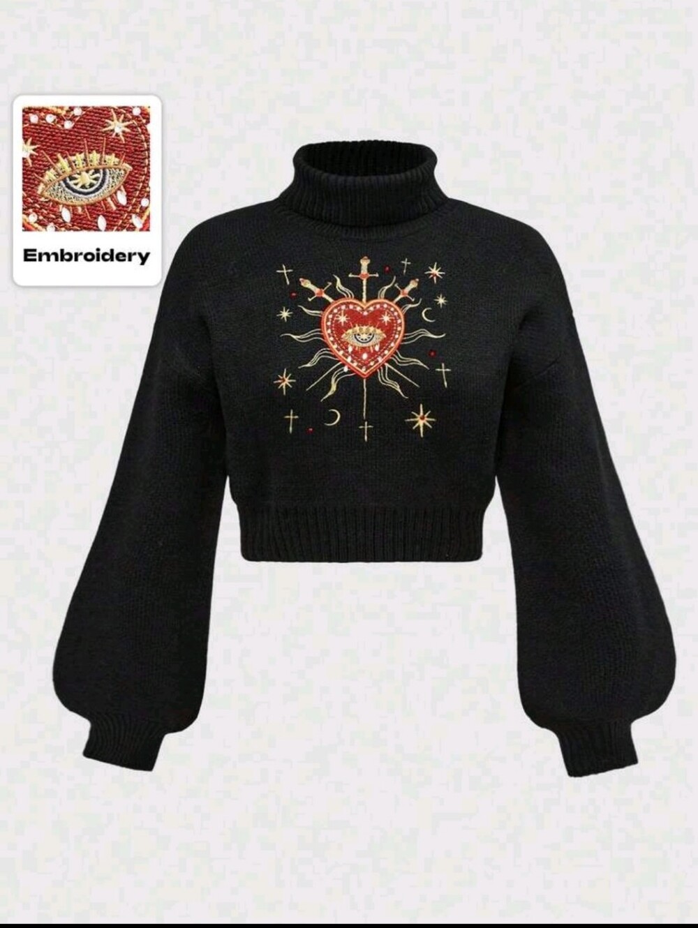 Women's Black Cropped Turtleneck Sweater with Embroidered Heart